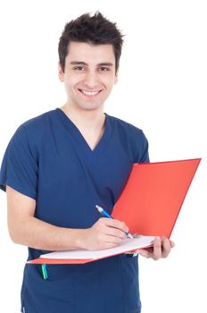 smiling male doctor making a note isolated on white background
