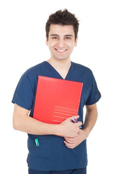 smiling handsome male doctor holding folder isolated on white background