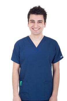 portrait of a smiling young doctor isolated on white background