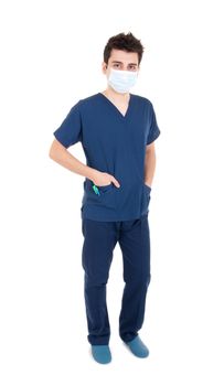 full length portrait of a handsome male doctor wearing mask (isolated on white background)