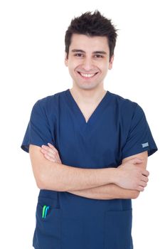 portrait of a smiling young doctor isolated on white background