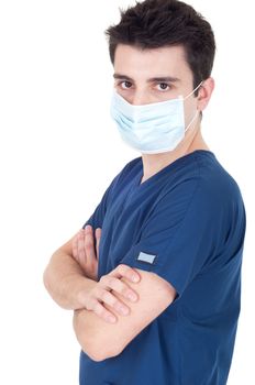 confident young male doctor wearing mask isolated on white background (folded arms)