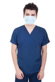 portrait of a young doctor wearing mask isolated on white background