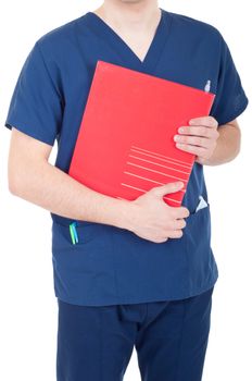 mid section of a male doctor holding folder isolated on white background