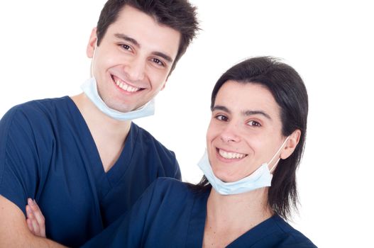 portrait of a team of doctors, man and woman wearing mask and uniform isolated on white background