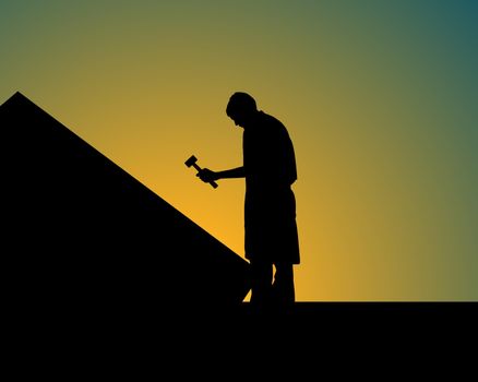 Illustration of a person holding a hammer on top of a house