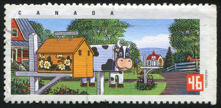 CANADA - CIRCA 2000: stamp printed by Canada, shows Decorated Rural Mailboxes, Flower, cow and church designs,  circa 2000