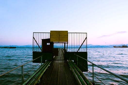 Steel design ashore in the river in city