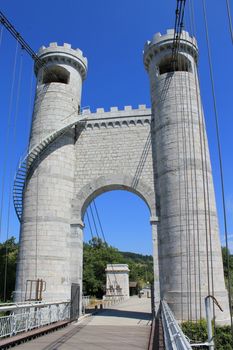 Towers of the bridge Charles-Albert, usually called bridge of the Caille, Allonzier-la-Caille, Haute-Savoie, France. This old bridge susprended by two groups of twelve cables, 147 m high, was built between 1838 and 1839 and crosses the Usses torrent. It is next to the "Pont-Neuf" built between 1925 and 1928.