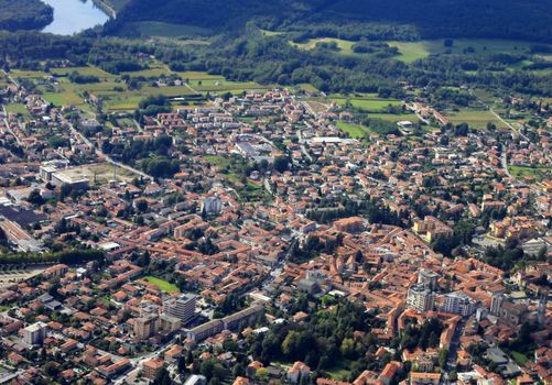 Suburb of Milan through a window of the plane