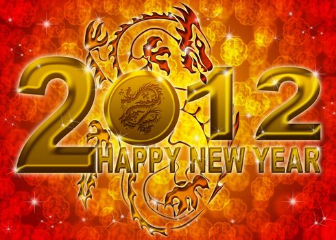 2012 Happy New Year Golden Chinese Dragon on Blurred Background