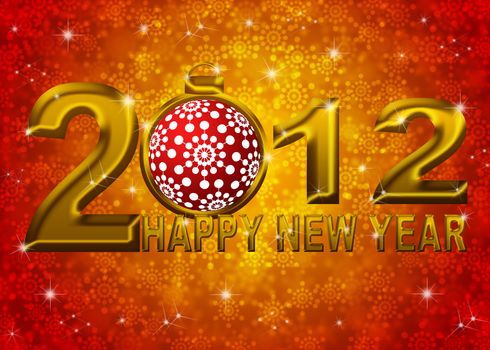 Gold 2012 Happy New Year Snowflakes Ornament on Blue Blurred Snow Background