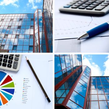 Office buildings, documents with charts, business a collage