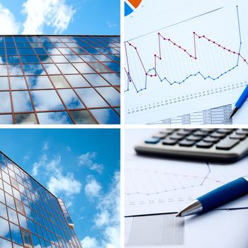 Office buildings, documents with charts, business a collage