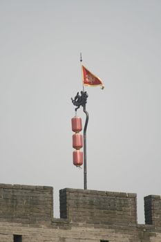 downtown of Xian, overlooking the city walls - Lanterns and flag