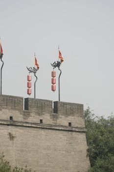 downtown of Xian, overlooking the city walls - Lanterns and flag