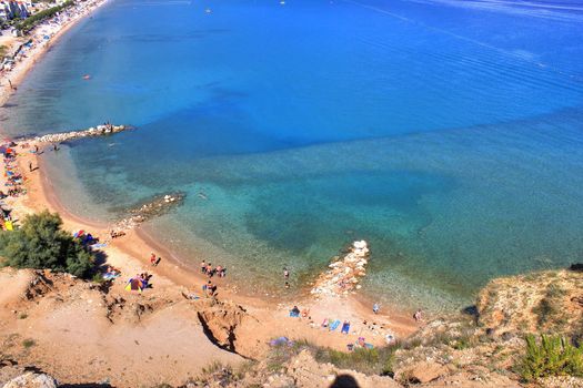 Beautiful blue Baska bay beach aerial view, Island of Krk, Croatia