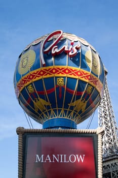 December 30th, 2009 - Las Vegas, Nevada, USA - The Paris Hotel and Casino sign on Las Vegas Boulevard featuring Barry Manilow