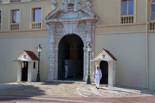 October 1st, 2009 - La Condamine distric, Monaco - The palace guards standing at attention at the main entrance.