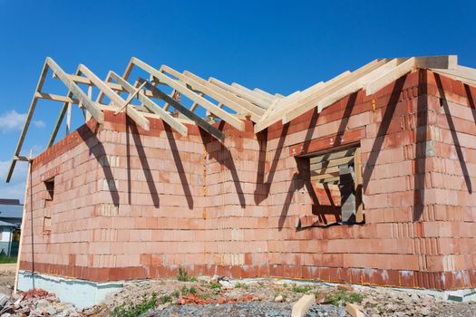 Roof and walls structure of house in construction