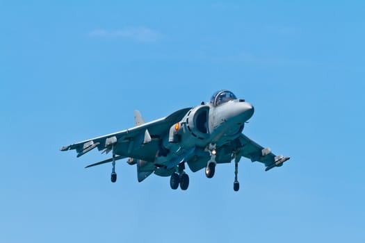 CADIZ, SPAIN-SEP 11: Aircraft AV-8B Harrier Plus taking part in an exhibition on the 4th airshow of Cadiz on Sep 11, 2011, in Cadiz, Spain