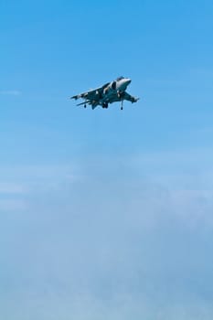 CADIZ, SPAIN-SEP 11: Aircraft AV-8B Harrier Plus taking part in an exhibition on the 4th airshow of Cadiz on Sep 11, 2011, in Cadiz, Spain