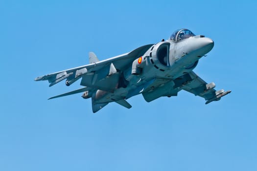 CADIZ, SPAIN-SEP 11: Aircraft AV-8B Harrier Plus taking part in an exhibition on the 4th airshow of Cadiz on Sep 11, 2011, in Cadiz, Spain