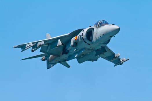 CADIZ, SPAIN-SEP 11: Aircraft AV-8B Harrier Plus taking part in an exhibition on the 4th airshow of Cadiz on Sep 11, 2011, in Cadiz, Spain