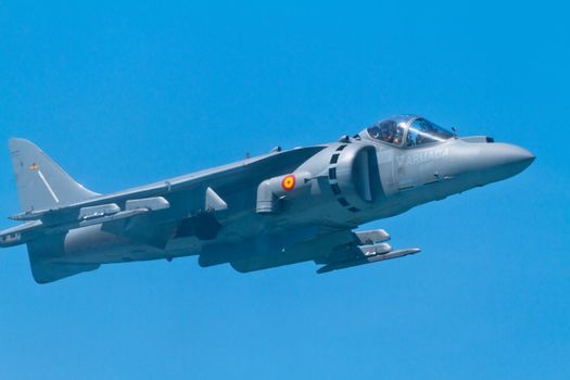 CADIZ, SPAIN-SEP 11: Aircraft AV-8B Harrier Plus taking part in an exhibition on the 4th airshow of Cadiz on Sep 11, 2011, in Cadiz, Spain