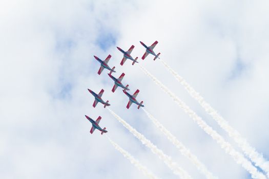 MALAGA, SPAIN-MAY 28: Aircrafts of the Patrulla Aguila taking part in an exhibition on the day of the spanish army forces on May 28, 2011, in Malaga, Spain