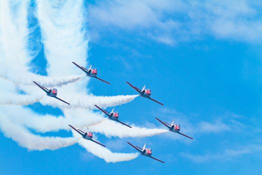 MALAGA, SPAIN-MAY 28: Aircrafts of the Patrulla Aguila taking part in an exhibition on the day of the spanish army forces on May 28, 2011, in Malaga, Spain