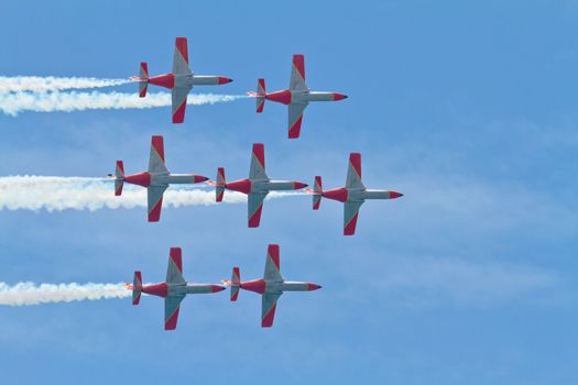 MALAGA, SPAIN-MAY 28: Aircrafts of the Patrulla Aguila taking part in an exhibition on the day of the spanish army forces on May 28, 2011, in Malaga, Spain
