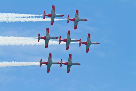 MALAGA, SPAIN-MAY 28: Aircrafts of the Patrulla Aguila taking part in an exhibition on the day of the spanish army forces on May 28, 2011, in Malaga, Spain