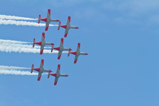 MALAGA, SPAIN-MAY 28: Aircrafts of the Patrulla Aguila taking part in an exhibition on the day of the spanish army forces on May 28, 2011, in Malaga, Spain