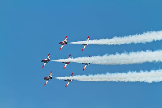 MALAGA, SPAIN-MAY 28: Aircrafts of the Patrulla Aguila taking part in an exhibition on the day of the spanish army forces on May 28, 2011, in Malaga, Spain