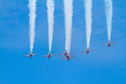 MALAGA, SPAIN-MAY 28: Aircrafts of the Patrulla Aguila taking part in an exhibition on the day of the spanish army forces on May 28, 2011, in Malaga, Spain