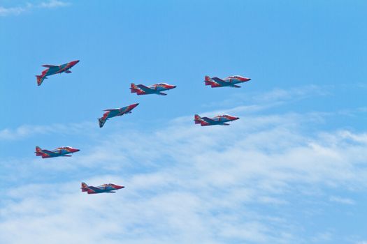 MALAGA, SPAIN-MAY 28: Aircrafts of the Patrulla Aguila taking part in an exhibition on the day of the spanish army forces on May 28, 2011, in Malaga, Spain