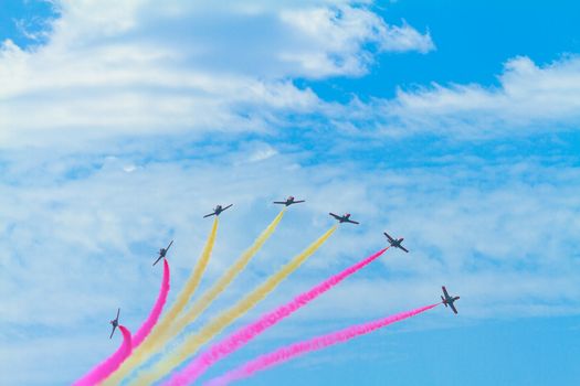 MALAGA, SPAIN-MAY 28: Aircrafts of the Patrulla Aguila taking part in an exhibition on the day of the spanish army forces on May 28, 2011, in Malaga, Spain