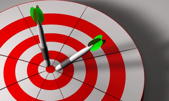 Bulls eye and darts in white and red 3D rendered