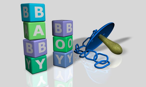 Baby and boy words with a blue pacifier