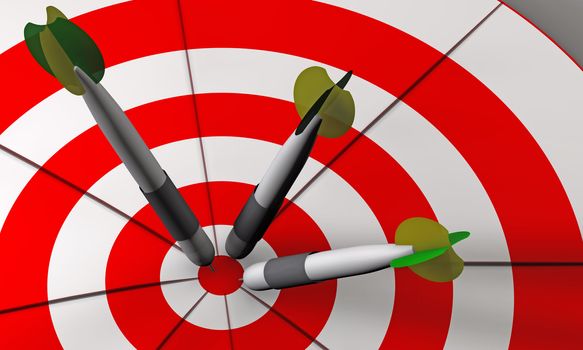 Bulls eye and darts in white and red 3D rendered