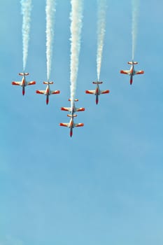 CADIZ, SPAIN-SEP 11: Aircrafts of the Patrulla Aguila taking part in an exhibition on the 4th airshow of Cadiz on Sep 11, 2011, in Cadiz, Spain