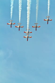CADIZ, SPAIN-SEP 11: Aircrafts of the Patrulla Aguila taking part in an exhibition on the 4th airshow of Cadiz on Sep 11, 2011, in Cadiz, Spain