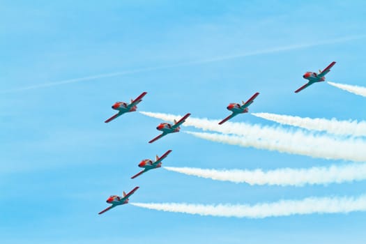 CADIZ, SPAIN-SEP 11: Aircrafts of the Patrulla Aguila taking part in an exhibition on the 4th airshow of Cadiz on Sep 11, 2011, in Cadiz, Spain
