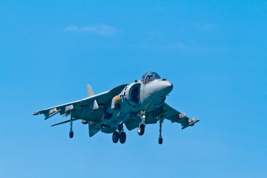 CADIZ, SPAIN-SEP 11: Aircraft AV-8B Harrier Plus taking part in an exhibition on the 4th airshow of Cadiz on Sep 11, 2011, in Cadiz, Spain