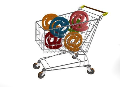 Concept of internet sales with a market trolley with @  letters