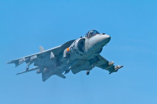 CADIZ, SPAIN-SEP 11: Aircraft AV-8B Harrier Plus taking part in an exhibition on the 4th airshow of Cadiz on Sep 11, 2011, in Cadiz, Spain