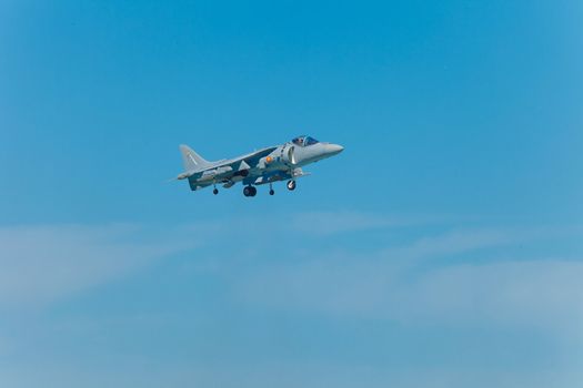 CADIZ, SPAIN-SEP 10: Aircraft AV-8B Harrier Plus taking part in a test on the 3rd airshow of Cadiz on Sep 10, 2010, in Cadiz, Spain