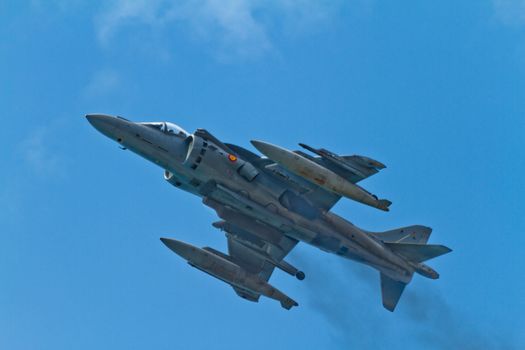 MALAGA, SPAIN-MAY 28: Aircraft AV-8B Harrier Plus taking part in an exhibition on the day of the spanish army forces on May 28, 2011, in Malaga, Spain