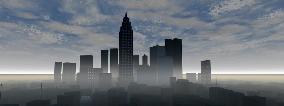 Skyline of buildings in 3D render in panoramic style